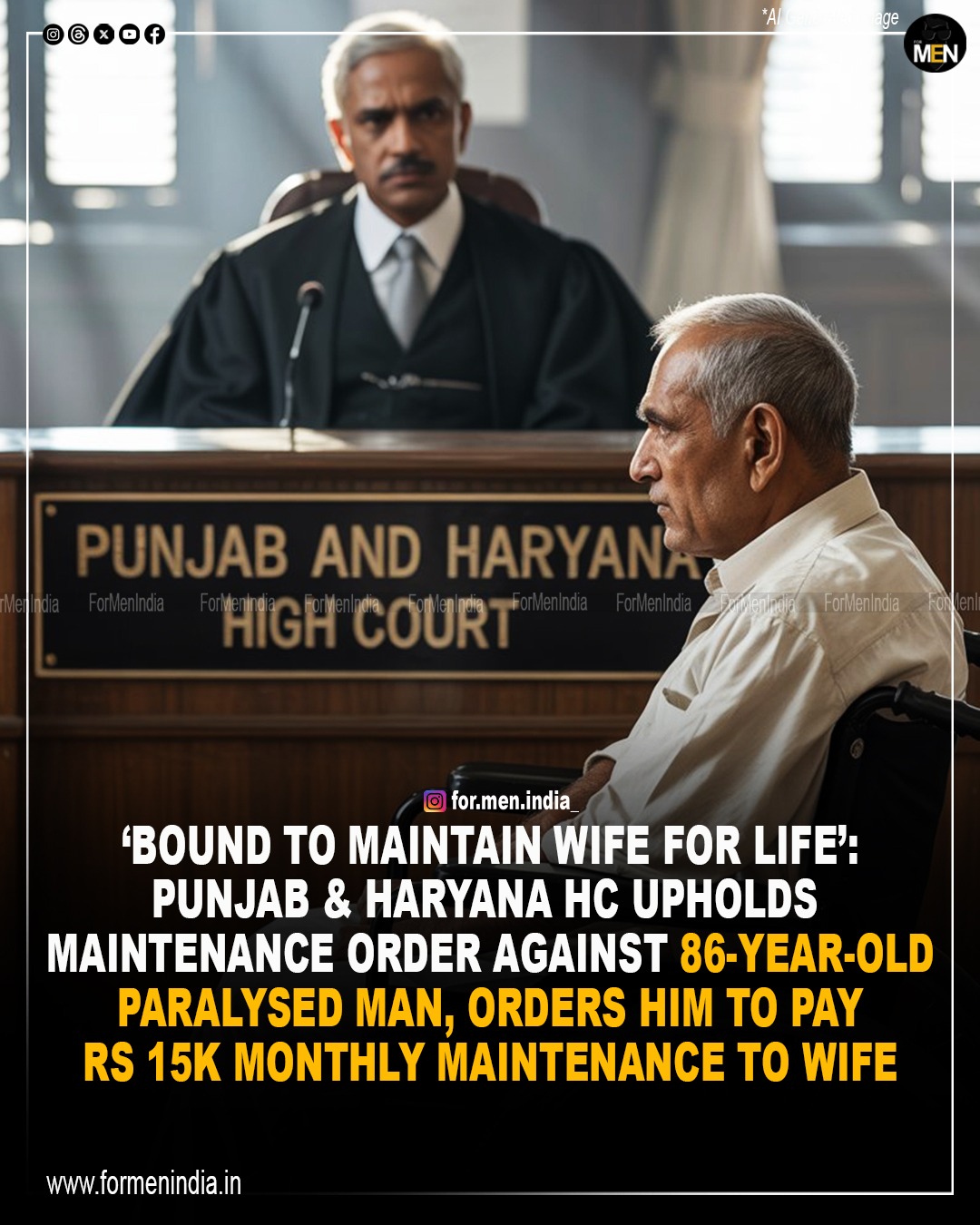 You are currently viewing Bound to maintain wife for life’: Punjab & Haryana High Court upholds maintenance order against 86-year-old paralysed man, orders him to pay ₹15000 monthly maintenance to wife 