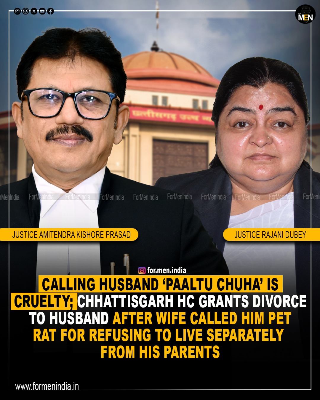 You are currently viewing ‘Calling husband ‘paaltu chuha’ is cruelty’; Chhattisgarh HC grants divorce to husband after wife called him pet rat for refusing to live separately from his parents