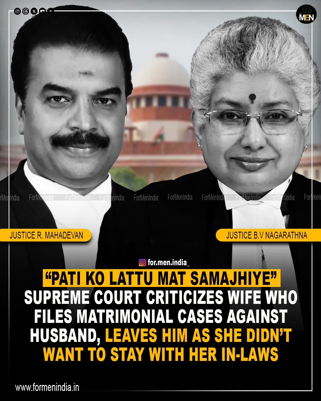 You are currently viewing “Pati ko lattu mat samajhiye” Supreme court criticizes wife who files matrimonial cases against husband, leaves him as she didn’t want to stay with her in-laws 