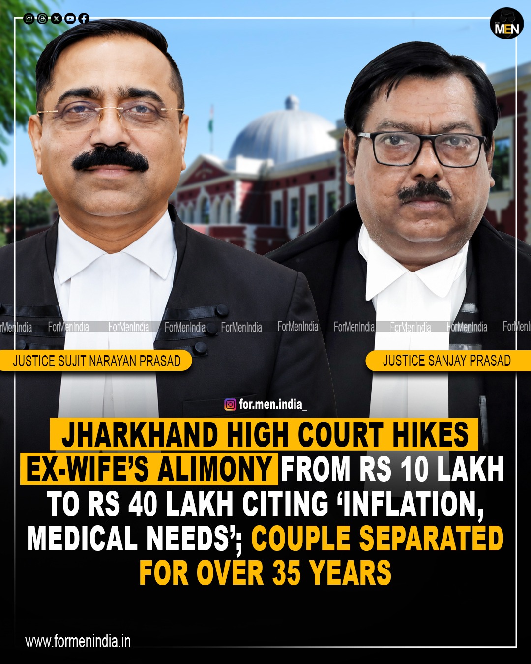 You are currently viewing Jharkhand High Court hikes ex-wife’s alimony from Rs 10 lakh to Rs 40 lakh  citing ‘inflation, medical needs’; couple separated for over 35 years