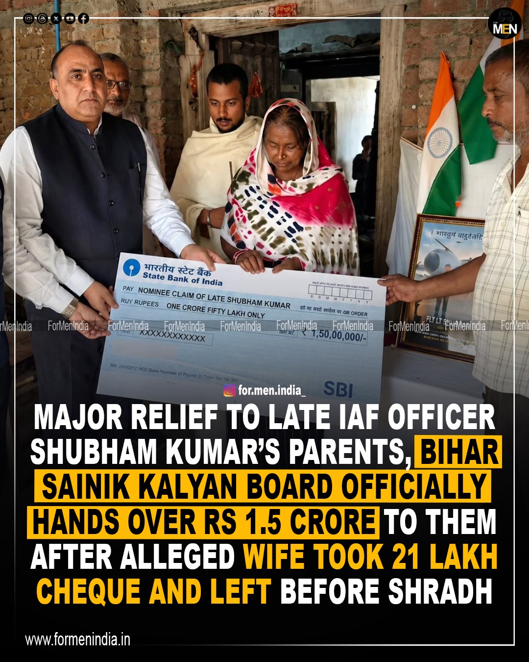 Read more about the article Major relief for late IAF officer Shubham Kumar’s parents, Bihar Sainik Kalyan Board  officially hands over ₹1.5 crore to them
