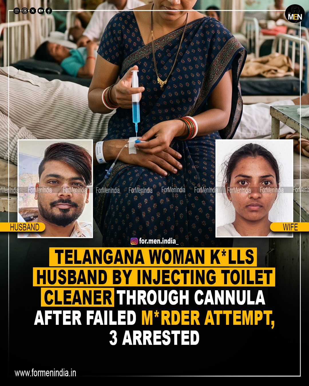 Read more about the article Telangana woman kills husband by injecting toilet cleaner through cannula after failed murder attempt, 3 arrested