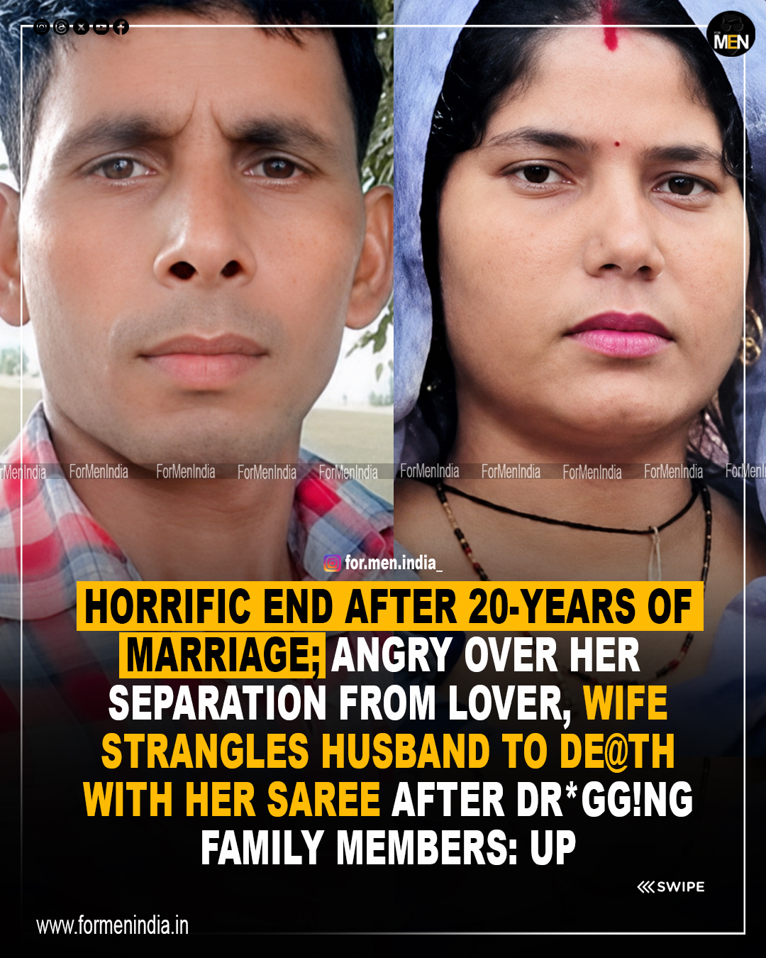 Read more about the article Horrific end after 20 year of marriage; angry over her separation from lover,  wife strangles husband to death with her saree after drugging family members: UP